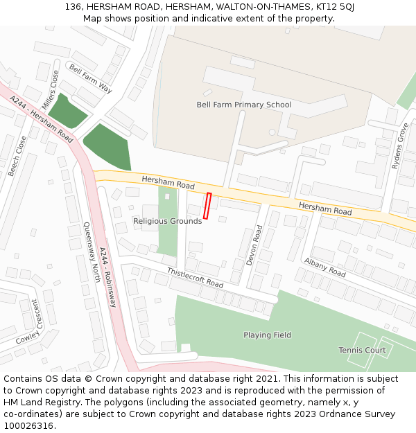 136, HERSHAM ROAD, HERSHAM, WALTON-ON-THAMES, KT12 5QJ: Location map and indicative extent of plot