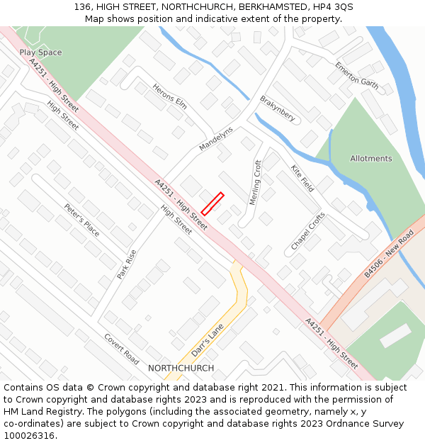 136, HIGH STREET, NORTHCHURCH, BERKHAMSTED, HP4 3QS: Location map and indicative extent of plot
