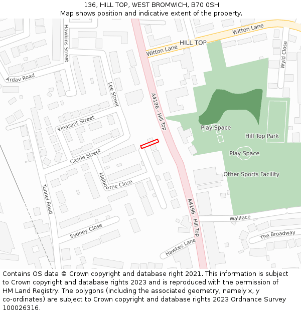 136, HILL TOP, WEST BROMWICH, B70 0SH: Location map and indicative extent of plot