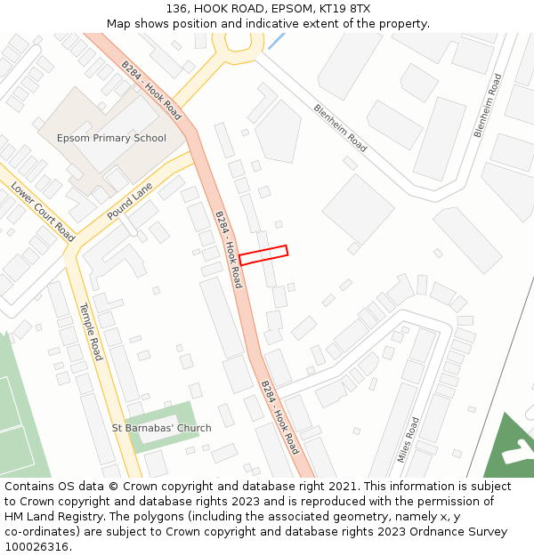 136, HOOK ROAD, EPSOM, KT19 8TX: Location map and indicative extent of plot