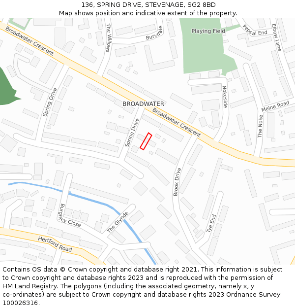 136, SPRING DRIVE, STEVENAGE, SG2 8BD: Location map and indicative extent of plot