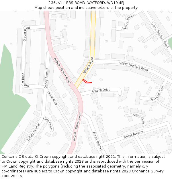 136, VILLIERS ROAD, WATFORD, WD19 4FJ: Location map and indicative extent of plot