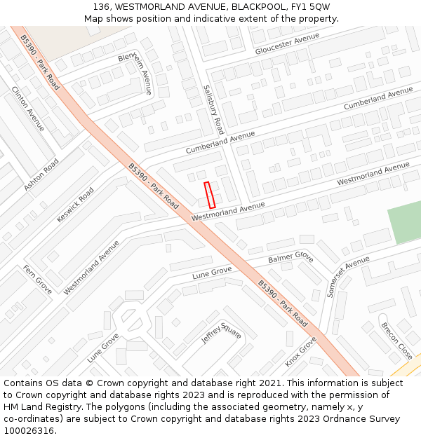 136, WESTMORLAND AVENUE, BLACKPOOL, FY1 5QW: Location map and indicative extent of plot