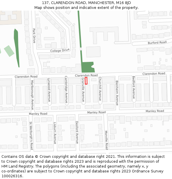 137, CLARENDON ROAD, MANCHESTER, M16 8JD: Location map and indicative extent of plot