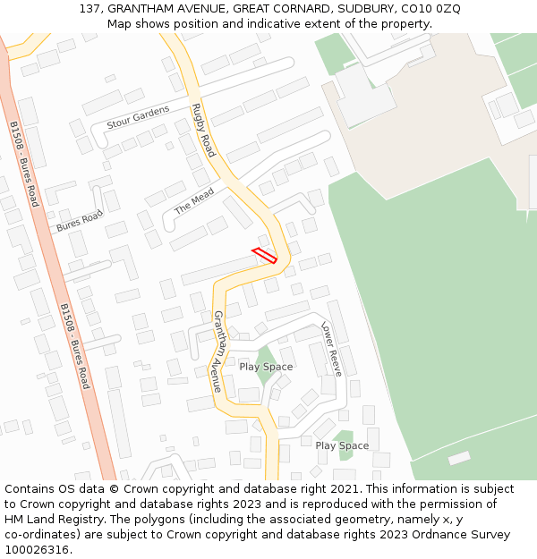 137, GRANTHAM AVENUE, GREAT CORNARD, SUDBURY, CO10 0ZQ: Location map and indicative extent of plot