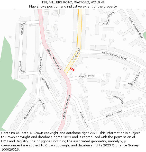138, VILLIERS ROAD, WATFORD, WD19 4FJ: Location map and indicative extent of plot
