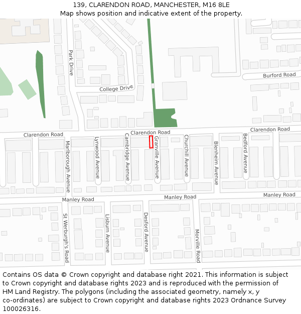 139, CLARENDON ROAD, MANCHESTER, M16 8LE: Location map and indicative extent of plot