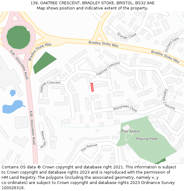 139, OAKTREE CRESCENT, BRADLEY STOKE, BRISTOL, BS32 9AE: Location map and indicative extent of plot