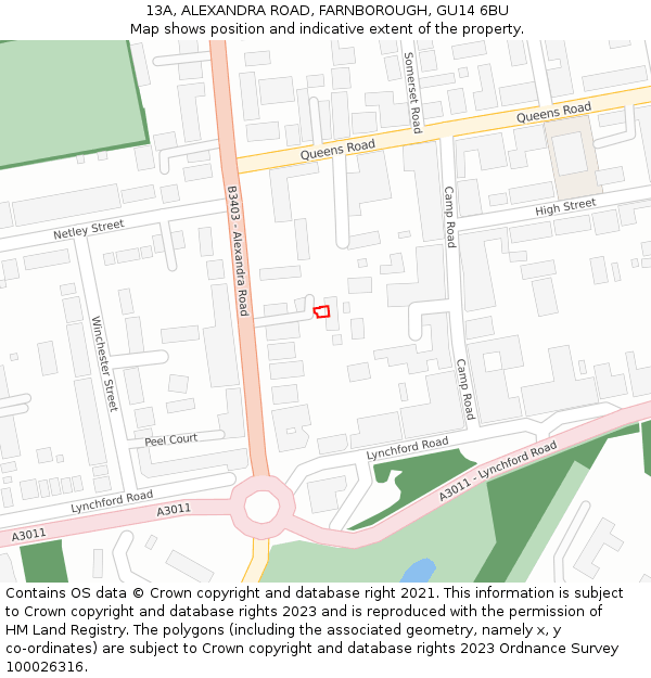13A, ALEXANDRA ROAD, FARNBOROUGH, GU14 6BU: Location map and indicative extent of plot