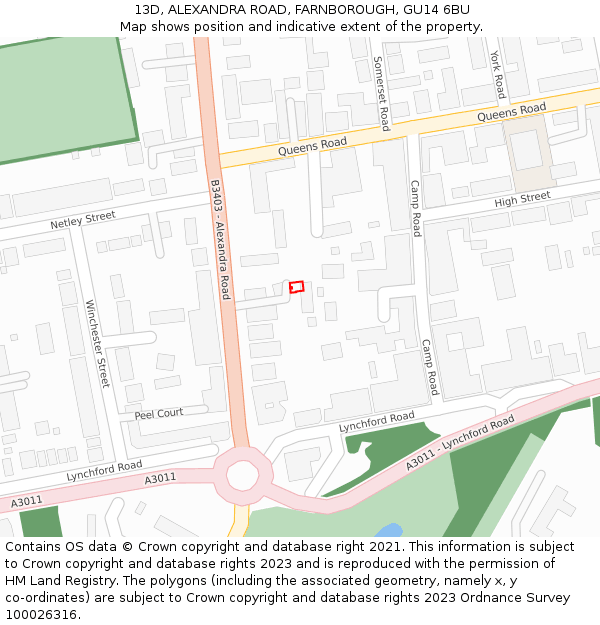 13D, ALEXANDRA ROAD, FARNBOROUGH, GU14 6BU: Location map and indicative extent of plot
