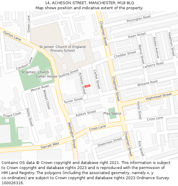 14, ACHESON STREET, MANCHESTER, M18 8LQ: Location map and indicative extent of plot