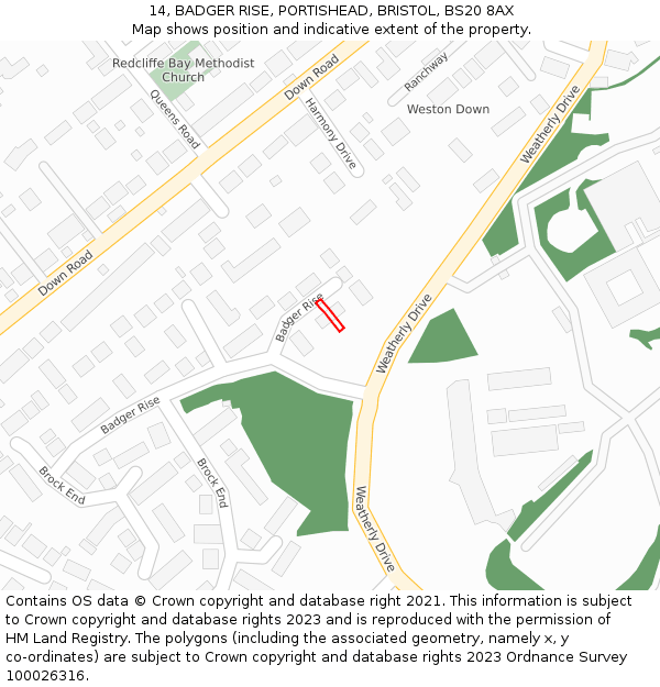 14, BADGER RISE, PORTISHEAD, BRISTOL, BS20 8AX: Location map and indicative extent of plot