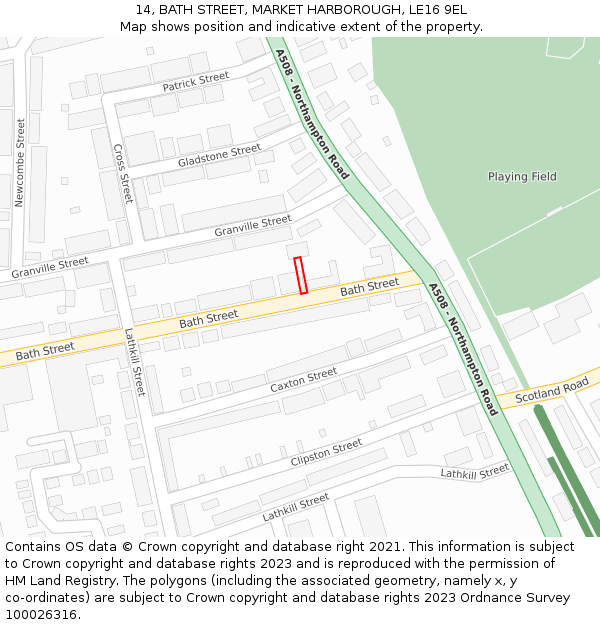 14, BATH STREET, MARKET HARBOROUGH, LE16 9EL: Location map and indicative extent of plot