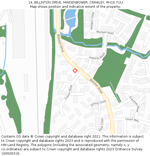 14, BILLINTON DRIVE, MAIDENBOWER, CRAWLEY, RH10 7UU: Location map and indicative extent of plot
