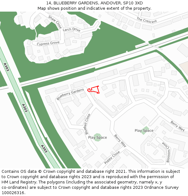 14, BLUEBERRY GARDENS, ANDOVER, SP10 3XD: Location map and indicative extent of plot