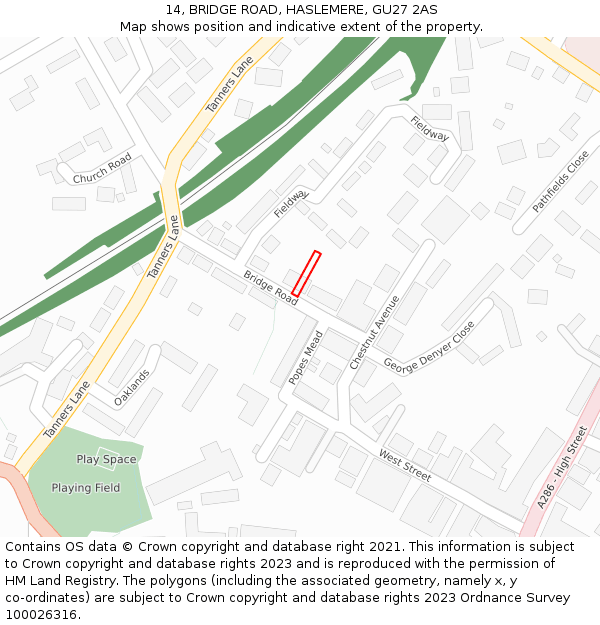 14, BRIDGE ROAD, HASLEMERE, GU27 2AS: Location map and indicative extent of plot