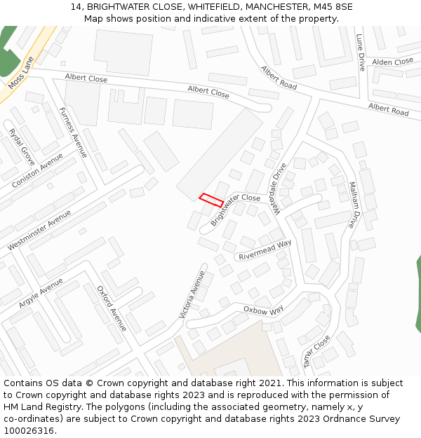 14, BRIGHTWATER CLOSE, WHITEFIELD, MANCHESTER, M45 8SE: Location map and indicative extent of plot