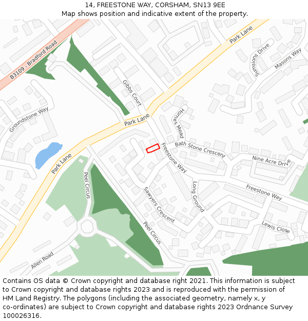 14, FREESTONE WAY, CORSHAM, SN13 9EE: Location map and indicative extent of plot