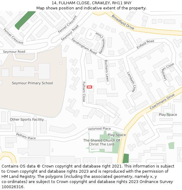14, FULHAM CLOSE, CRAWLEY, RH11 9NY: Location map and indicative extent of plot
