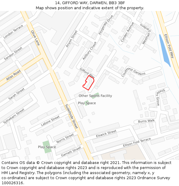 14, GIFFORD WAY, DARWEN, BB3 3BF: Location map and indicative extent of plot