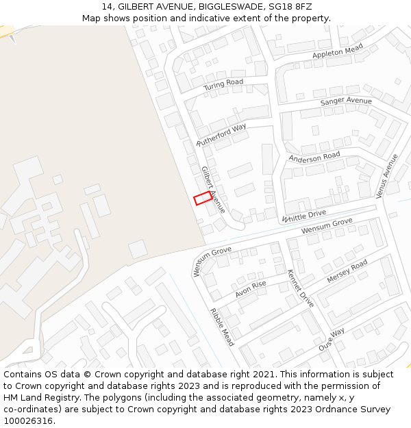 14, GILBERT AVENUE, BIGGLESWADE, SG18 8FZ: Location map and indicative extent of plot