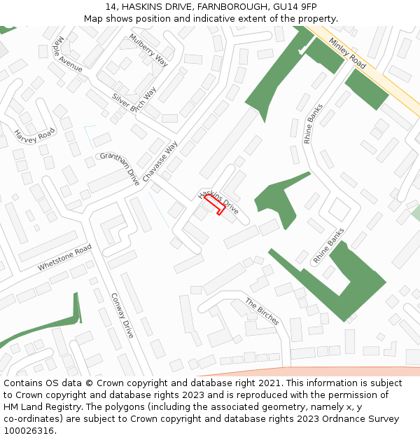 14, HASKINS DRIVE, FARNBOROUGH, GU14 9FP: Location map and indicative extent of plot
