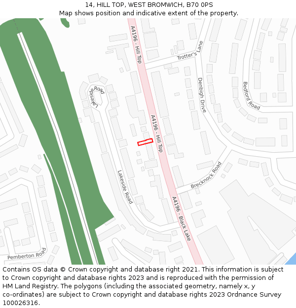 14, HILL TOP, WEST BROMWICH, B70 0PS: Location map and indicative extent of plot