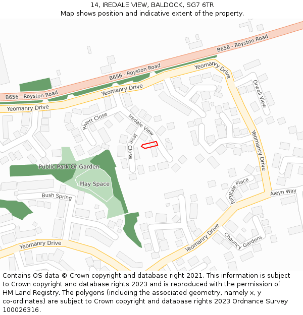 14, IREDALE VIEW, BALDOCK, SG7 6TR: Location map and indicative extent of plot