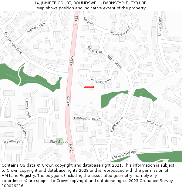14, JUNIPER COURT, ROUNDSWELL, BARNSTAPLE, EX31 3RL: Location map and indicative extent of plot