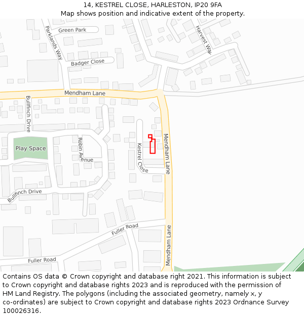 14, KESTREL CLOSE, HARLESTON, IP20 9FA: Location map and indicative extent of plot