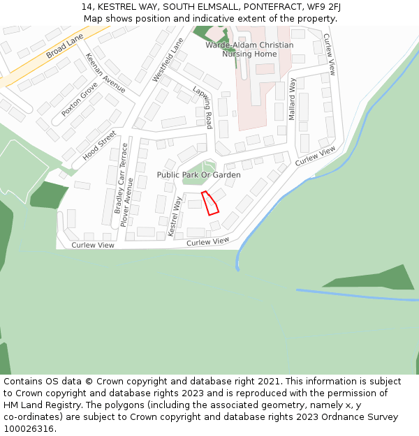 14, KESTREL WAY, SOUTH ELMSALL, PONTEFRACT, WF9 2FJ: Location map and indicative extent of plot