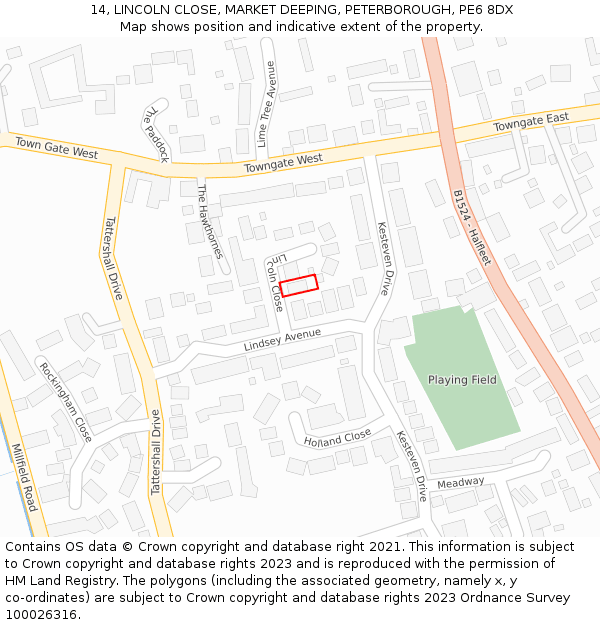 14, LINCOLN CLOSE, MARKET DEEPING, PETERBOROUGH, PE6 8DX: Location map and indicative extent of plot