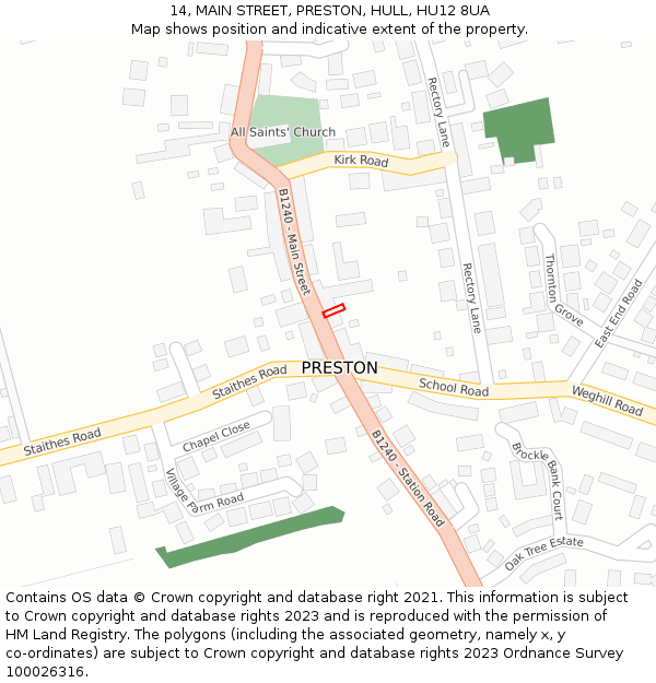14, MAIN STREET, PRESTON, HULL, HU12 8UA: Location map and indicative extent of plot