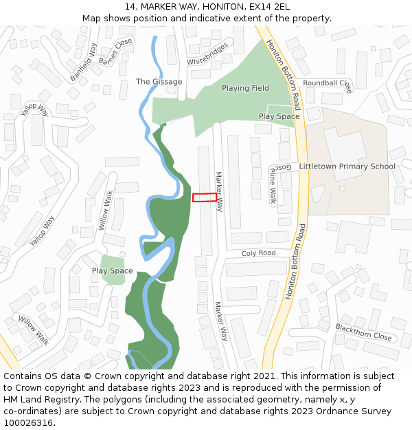 14, MARKER WAY, HONITON, EX14 2EL: Location map and indicative extent of plot