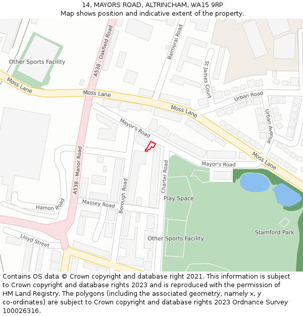 14, MAYORS ROAD, ALTRINCHAM, WA15 9RP: Location map and indicative extent of plot