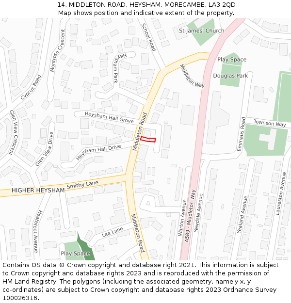 14, MIDDLETON ROAD, HEYSHAM, MORECAMBE, LA3 2QD: Location map and indicative extent of plot