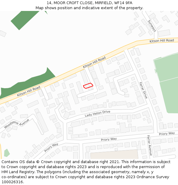 14, MOOR CROFT CLOSE, MIRFIELD, WF14 9FA: Location map and indicative extent of plot
