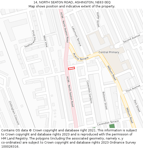 14, NORTH SEATON ROAD, ASHINGTON, NE63 0EQ: Location map and indicative extent of plot