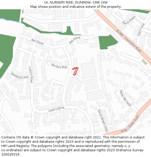 14, NURSERY RISE, DUNMOW, CM6 1XW: Location map and indicative extent of plot