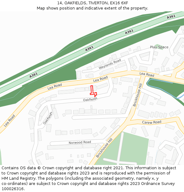 14, OAKFIELDS, TIVERTON, EX16 6XF: Location map and indicative extent of plot
