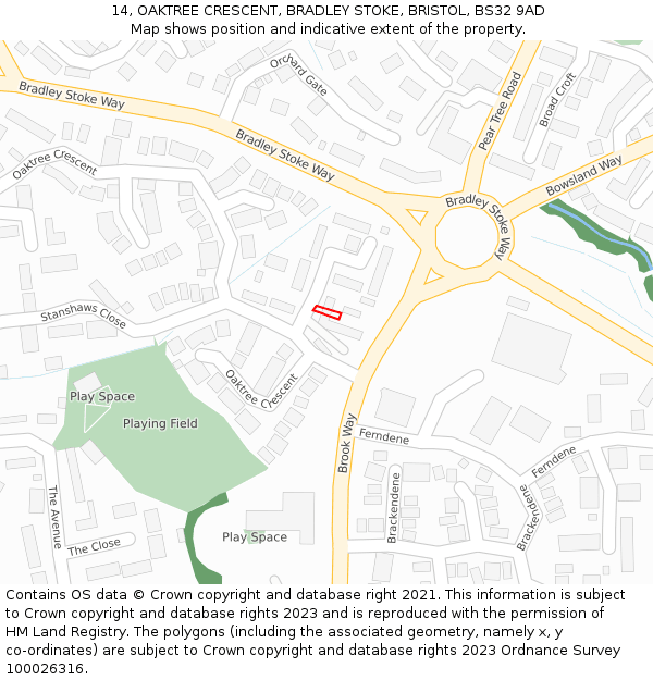 14, OAKTREE CRESCENT, BRADLEY STOKE, BRISTOL, BS32 9AD: Location map and indicative extent of plot