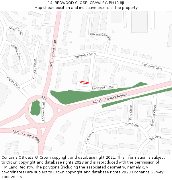 14, REDWOOD CLOSE, CRAWLEY, RH10 8JL: Location map and indicative extent of plot