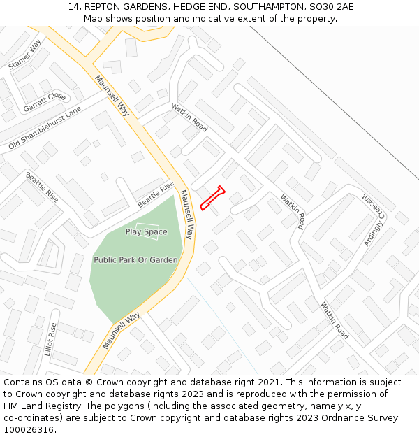 14, REPTON GARDENS, HEDGE END, SOUTHAMPTON, SO30 2AE: Location map and indicative extent of plot