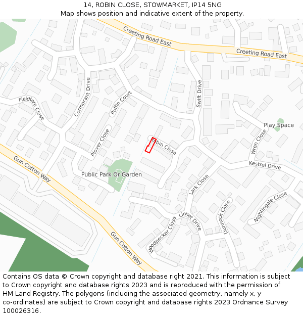 14, ROBIN CLOSE, STOWMARKET, IP14 5NG: Location map and indicative extent of plot