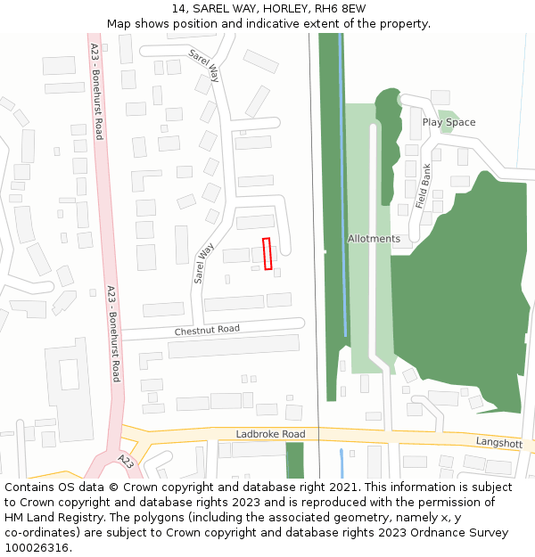 14, SAREL WAY, HORLEY, RH6 8EW: Location map and indicative extent of plot