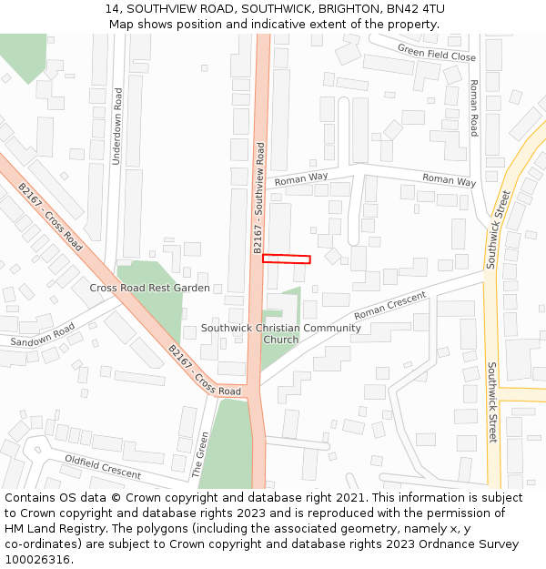 14, SOUTHVIEW ROAD, SOUTHWICK, BRIGHTON, BN42 4TU: Location map and indicative extent of plot