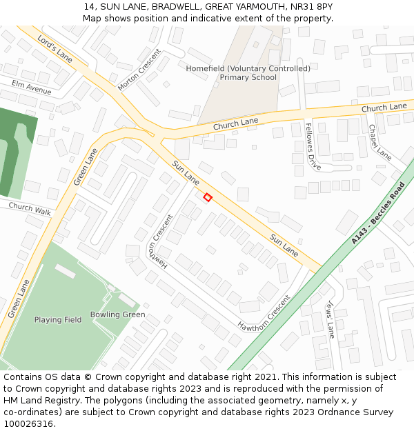 14, SUN LANE, BRADWELL, GREAT YARMOUTH, NR31 8PY: Location map and indicative extent of plot