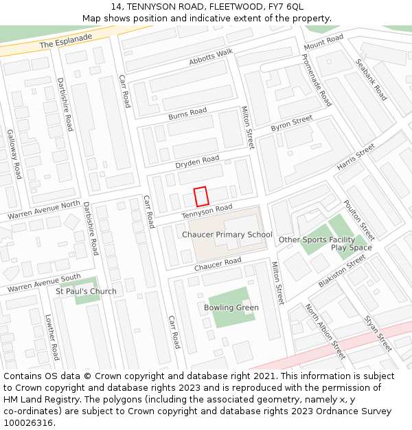 14, TENNYSON ROAD, FLEETWOOD, FY7 6QL: Location map and indicative extent of plot