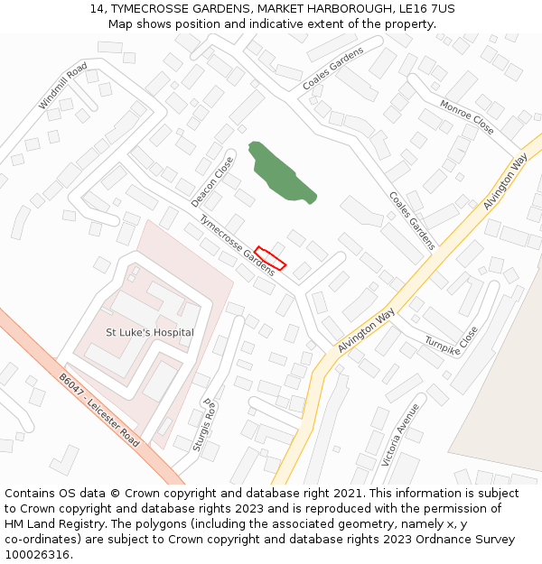 14, TYMECROSSE GARDENS, MARKET HARBOROUGH, LE16 7US: Location map and indicative extent of plot