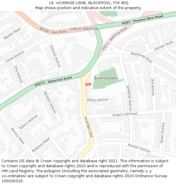 14, VICARAGE LANE, BLACKPOOL, FY4 4EQ: Location map and indicative extent of plot